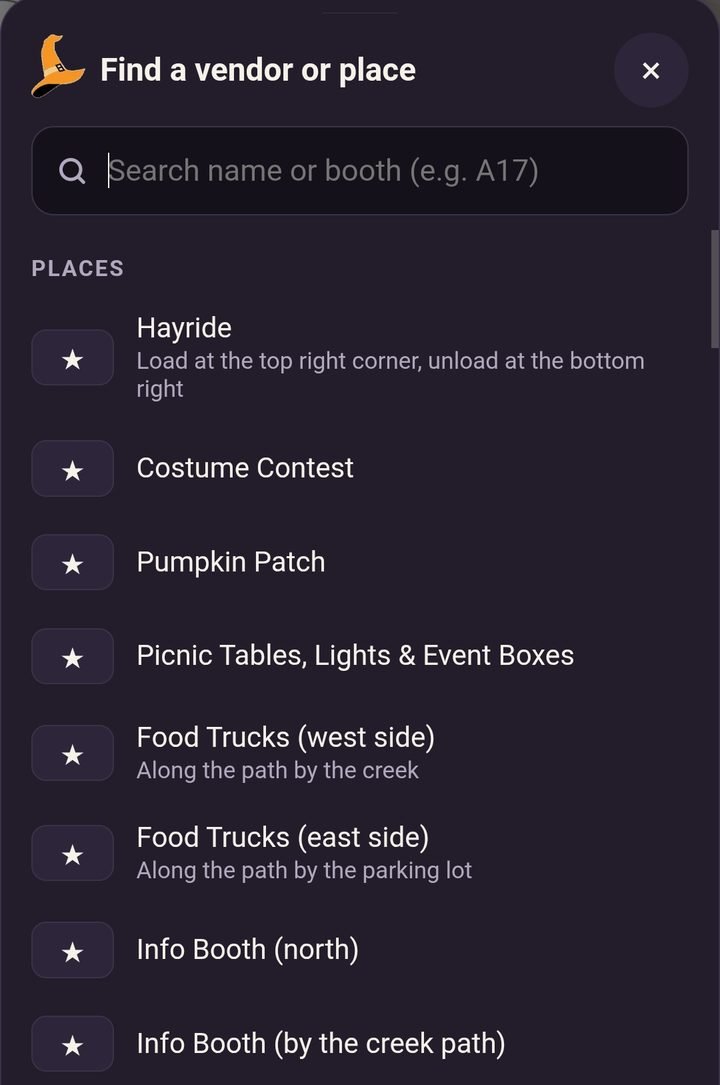Find a vendor or place: searchable list of booths and attractions