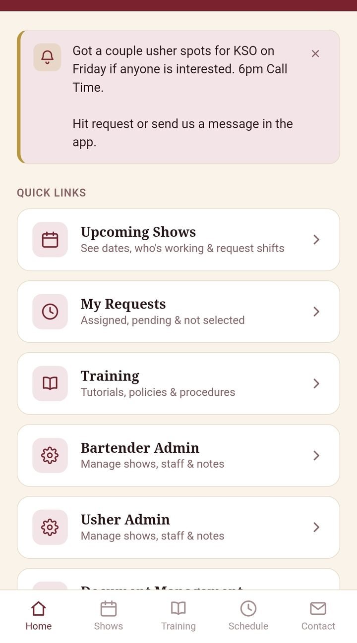 Staff app home screen with announcements, shifts, requests and training