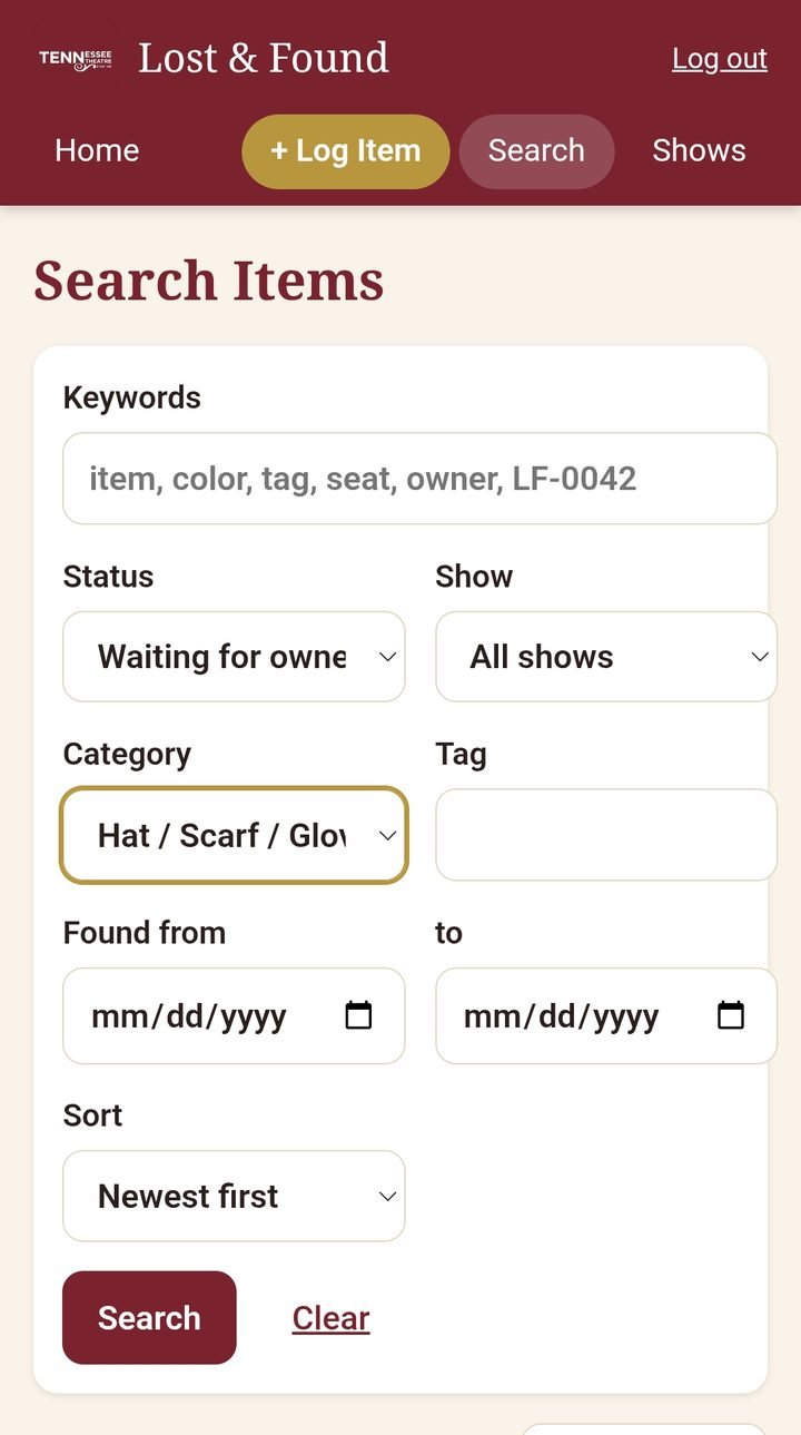 Lost and found search by keyword, status, show, category and date