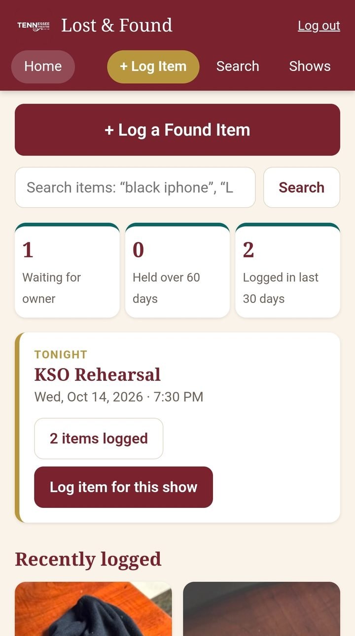 Lost and found app with items logged against tonight's show