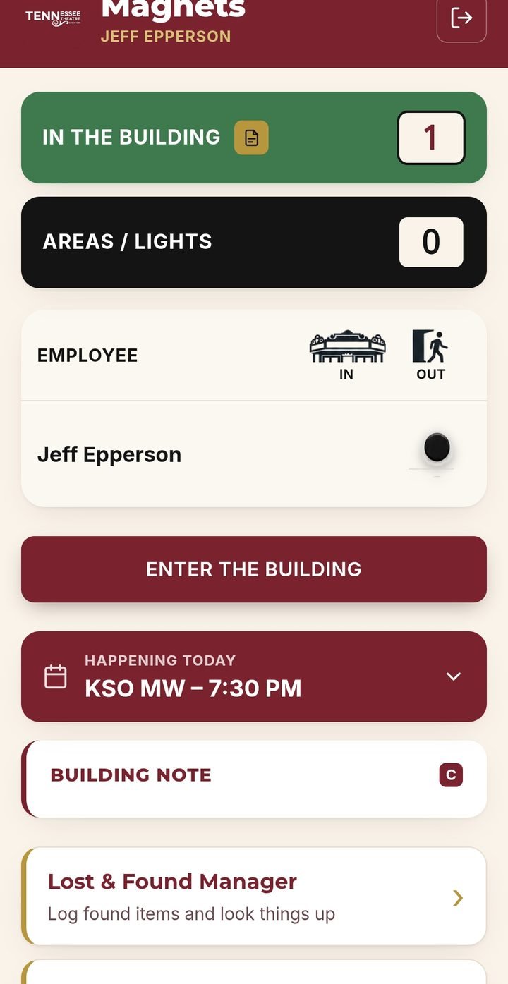 Building check-in app: who's in the building, areas and lights, today's events