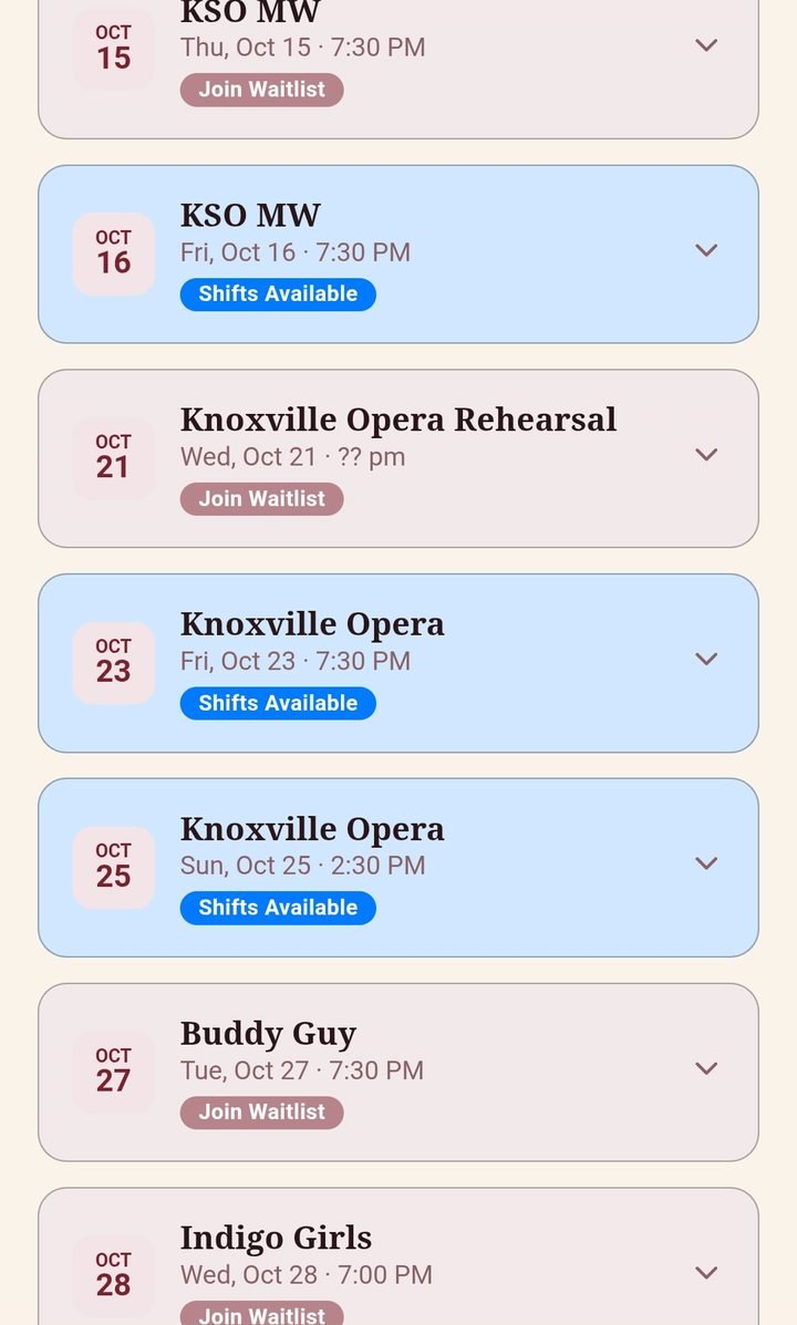 Upcoming shows with open shifts and waitlists